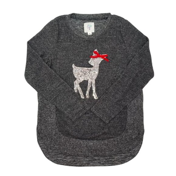 Girls' charcoal grey long-sleeved blouse with sequin deer detail, Size M(10/12) - Picture 1 of 10